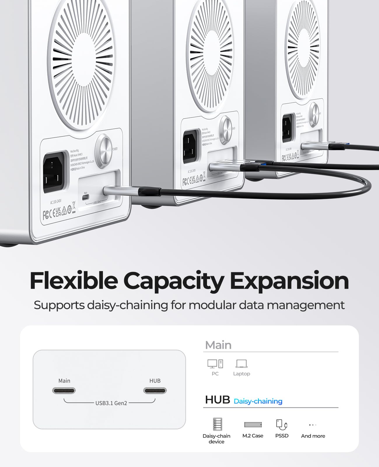 ORICO Daisy Chain 4 Bay Hard Drive Enclosure USB 3.1 Gen 2 Alluminio Das Enclosure Supporto 22TB ed espansione max fino a 22X4TB per 3.5" HDD -9948C3