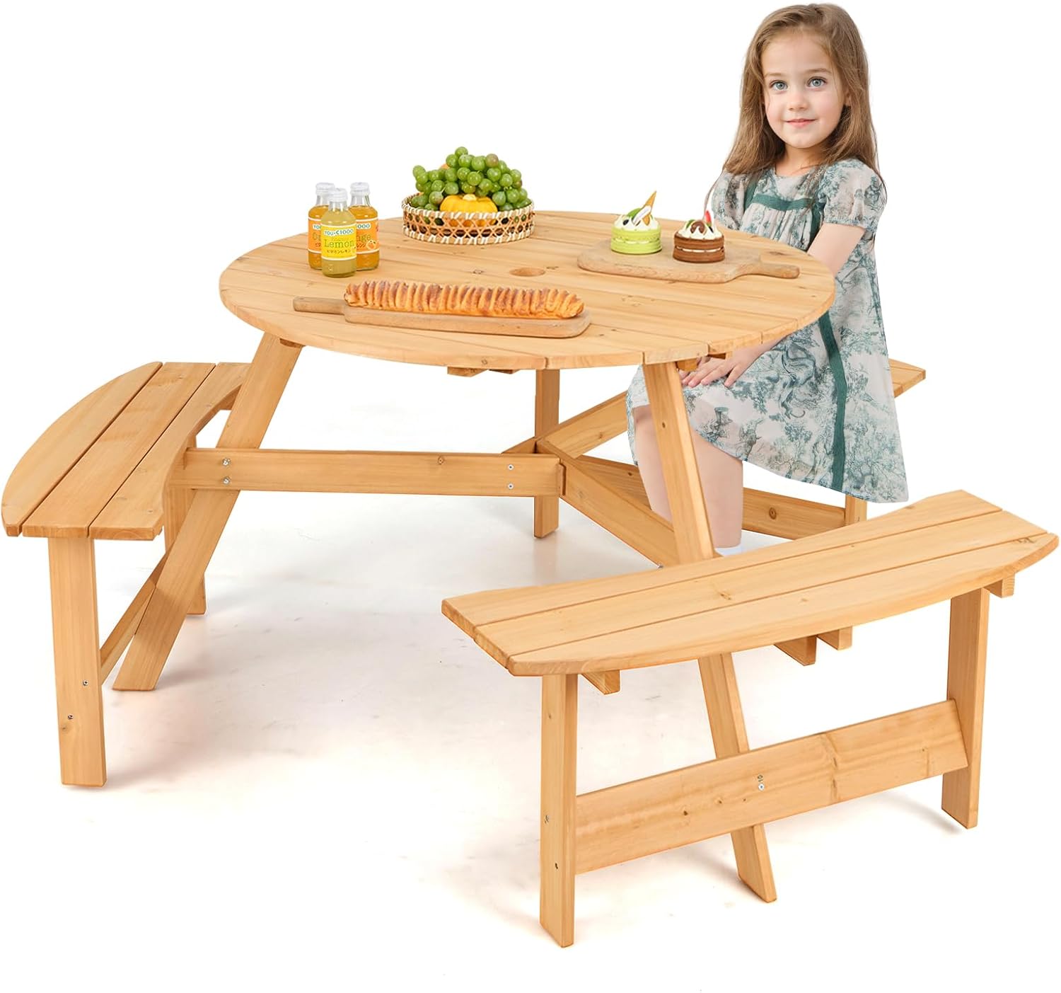 KOTEK 6-Person Kids Picnic Table, Fir Wood Circular Toddler Bench Table with 3 Built-in Seats & Umbrella Hole, Children Outdoor Furniture, Kids Table and Bench Set for Patio, Garden, Backyard