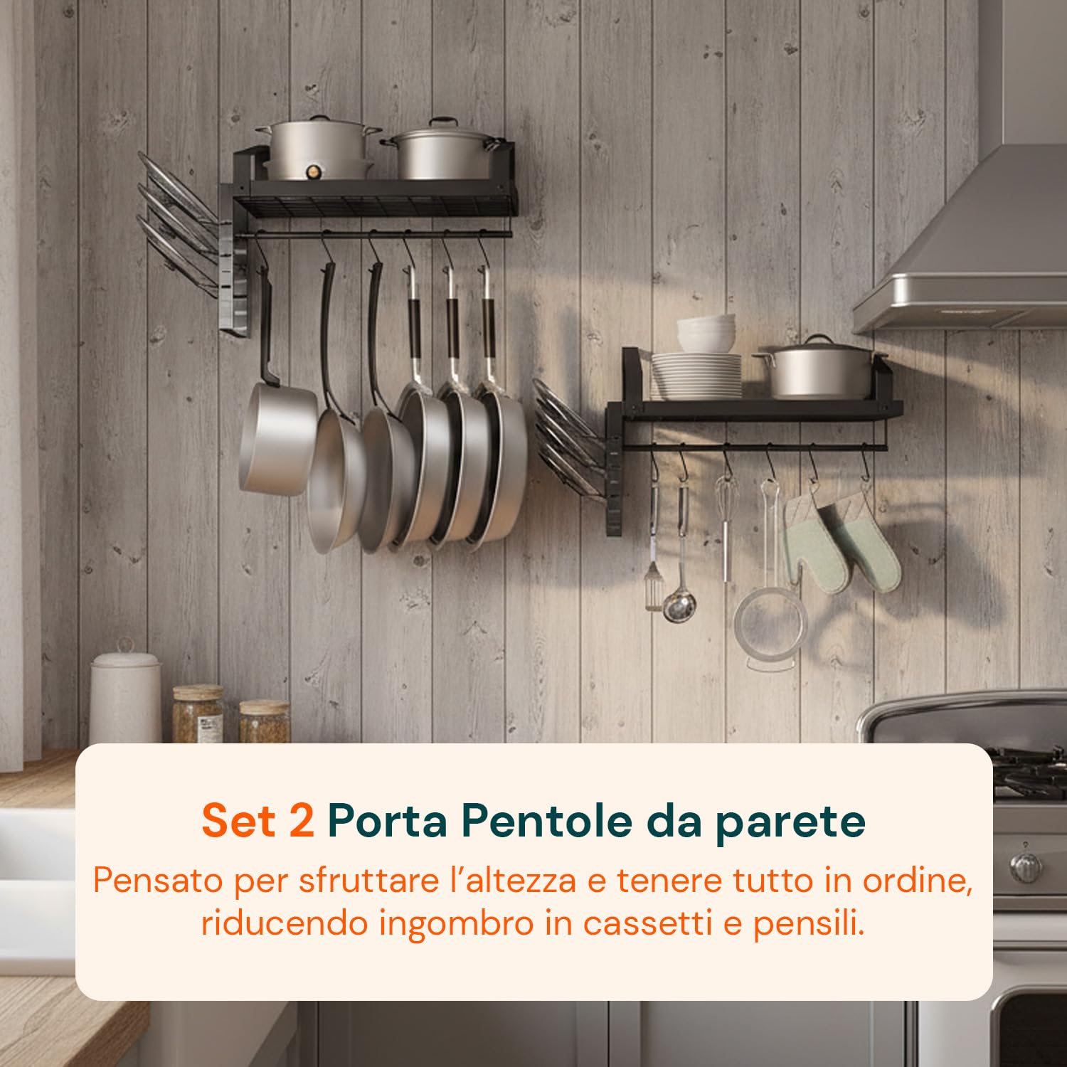 Wintem – Porta Pentole Coperchi Salvaspazio da Parete con Mensole e 12 Ganci, Organizer Cucina in Ferro per Pentole Coperchi e Mestoli, Sistema Verticale Robusto e Funzionale per Uso Quotidiano