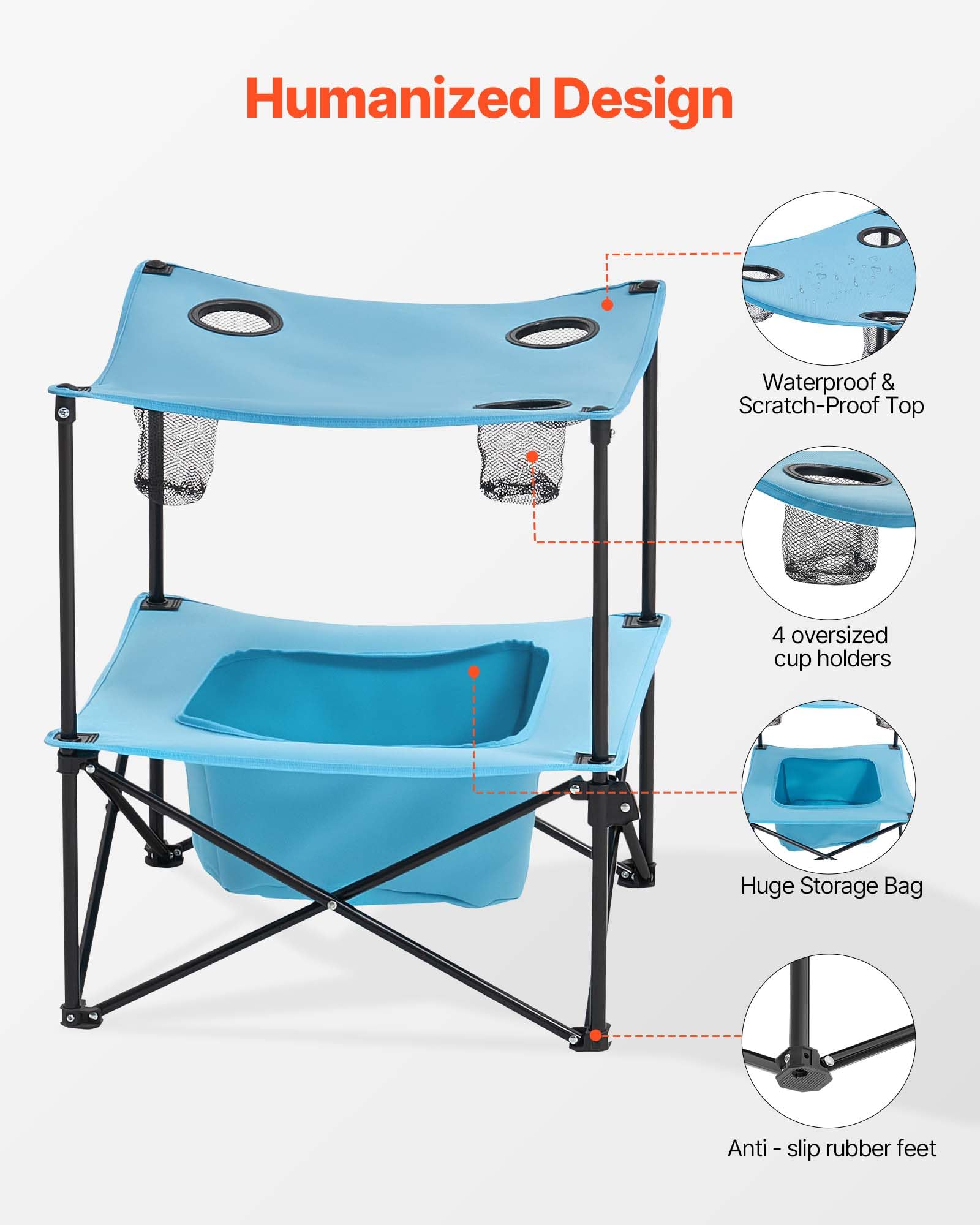 VEVOR Tavolo da Campeggio Pieghevole in Tessuto Oxford 600D Impermeabile, Tavolo da Picnic Portatile e Leggero per Esterni con 4 Portabicchieri e Borsa per Trasporto, per Picnic in Campeggio, Blu