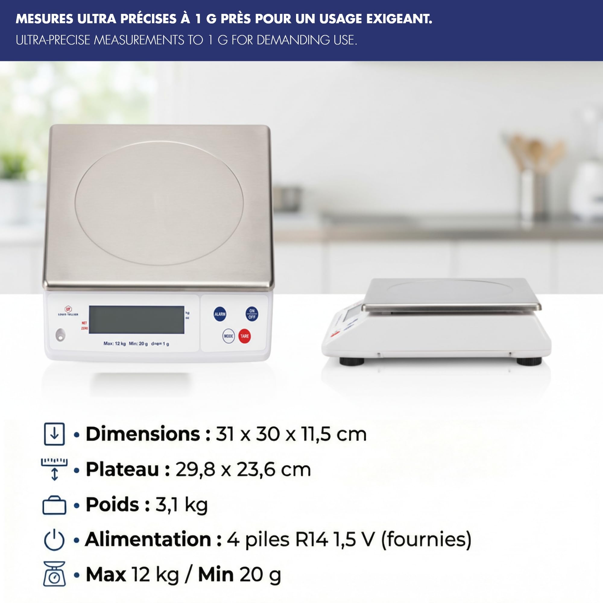 Louis Tellier - Balance cuisine professionnelle électronique 12kg/1g IP53 | Précision 1g, plateau inox amovible 29,8x23,6cm ; pieds réglables, tare, unités kg/oz ; IP53, 4 piles fournies, témoin usure