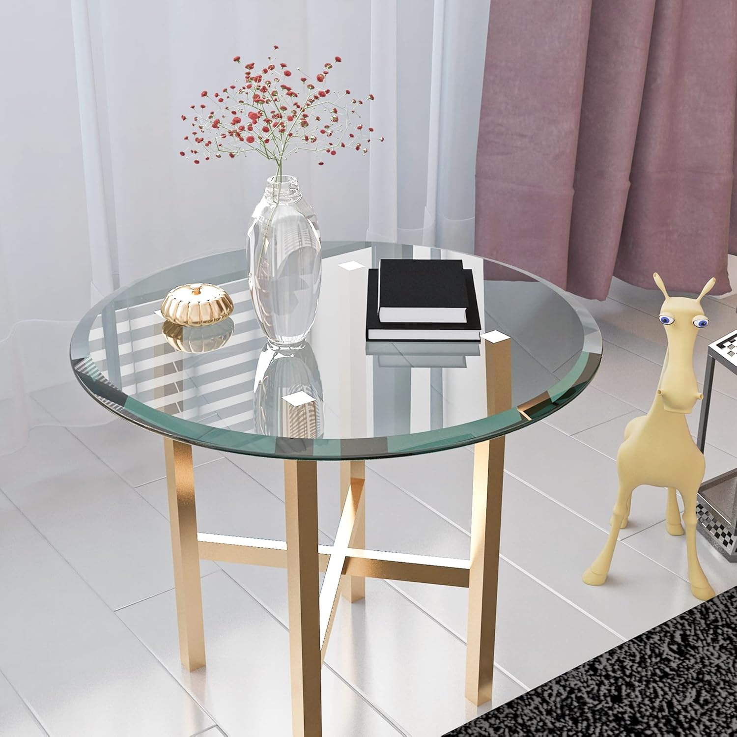 NewCosmos 24" Inch Round Tempered Glass Table Top Clear Glass 1/2" Inch Thick Beveled Polished Edge