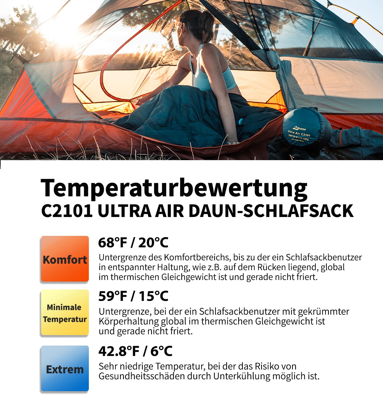 Litume Ultra Kompakt Daunen Schlafsack Für Sommer und 3 Jahreszeiten, 700+ Fill Power Daunen, Ultra Leicht Mumien, Tragbar, Wandern, Reisen, Camping, Rucksackreisen, Erwachsene, Outdoor
