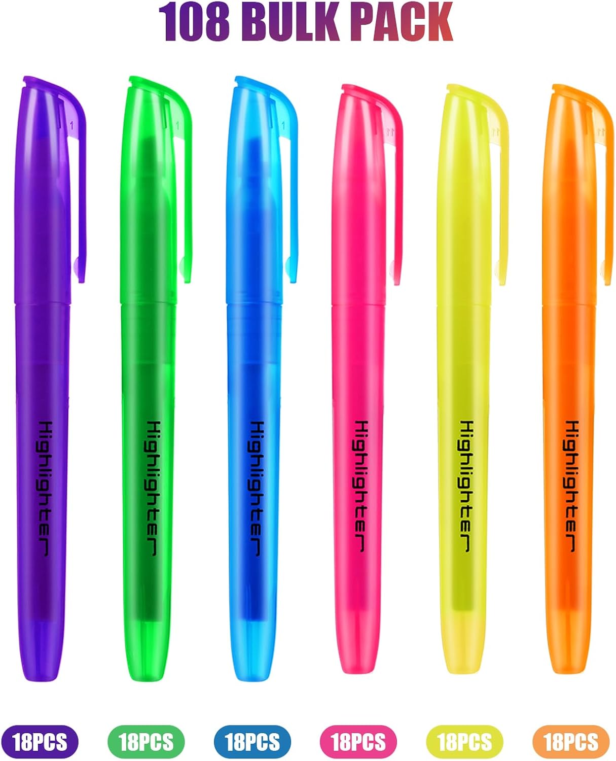 Highlighters Assorted Colors Bulk, 108 Pcs Pastel Highlighters Bulk with 6 Colors, Colored Highlighter for Office and School Supplies