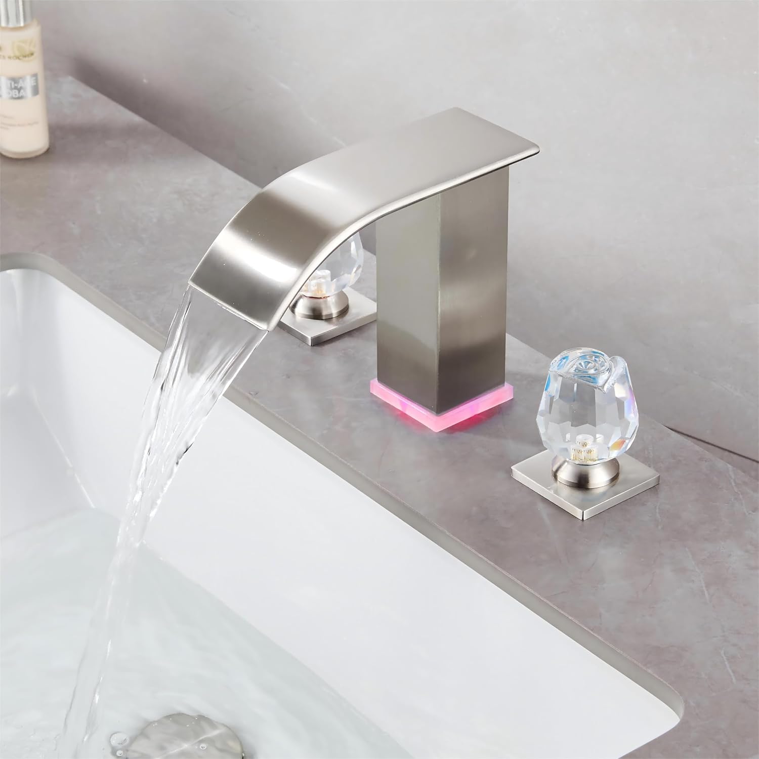 Bathroom faucets 3 Hole Brushed Nickel Vanity Faucet with LED Drain Waterfall Bathroom Faucet 3 Hole Sink Faucet Bathroom 8 inch (Brushed Nickel)