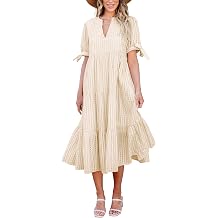 ECOWISH Women Summer Casual Dress - V Neck Short Sleeve Gingham Midi Pleated Tiered Loose Fit Holiday Picnic Dresses