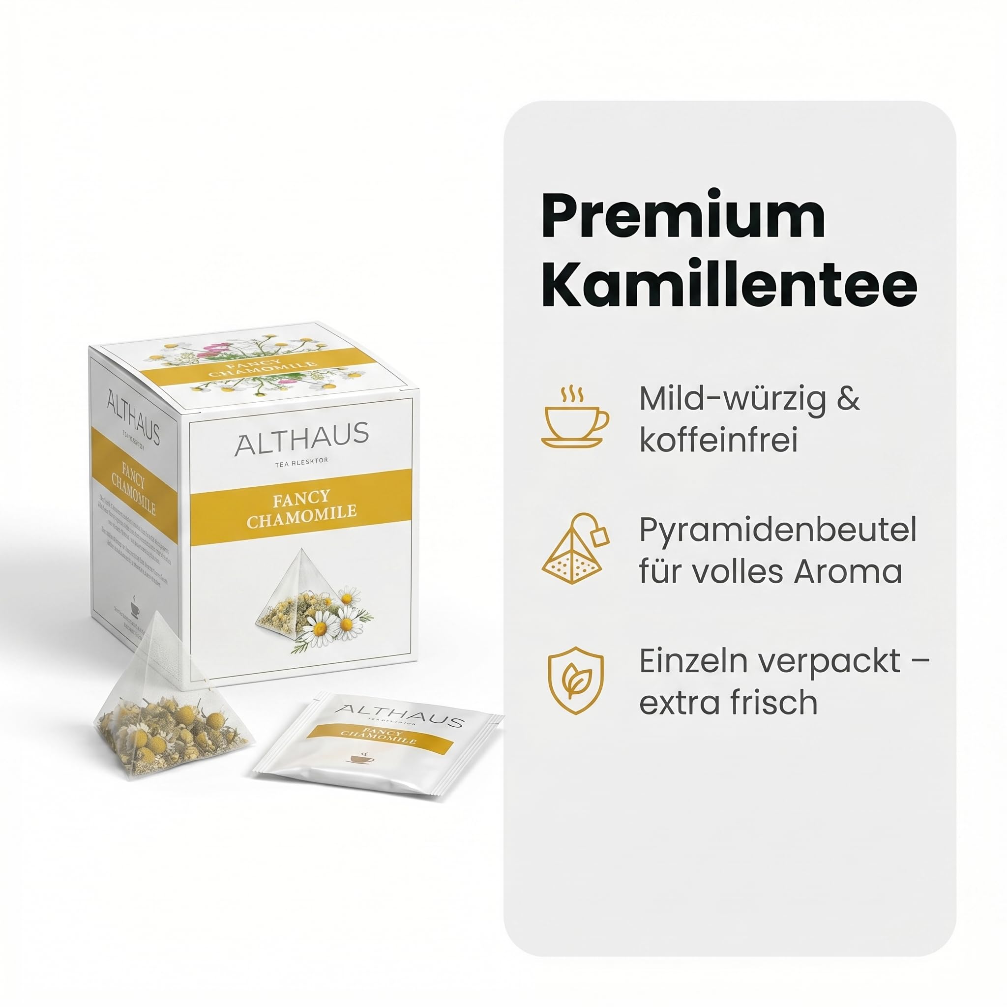 Althaus Kamillentee Fancy Chamomile, 4 Packungen mit je 15 Beuteln, Loser Tee in Pyramidenbeutel