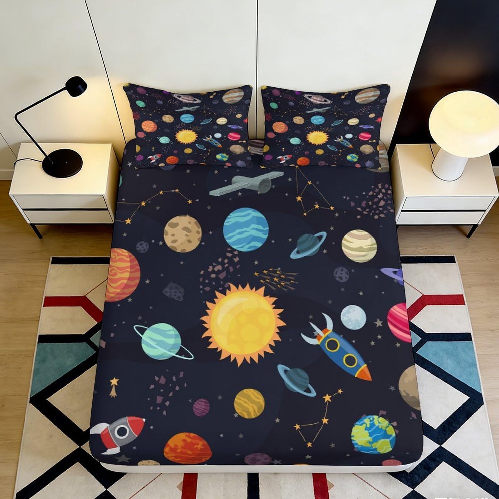 3D Printed Solar System Fitted Sheet Microfiber Soft Breathable Space Planet Bed Cover for Bedroom Dorm Mattress Protection 90x200x25cm