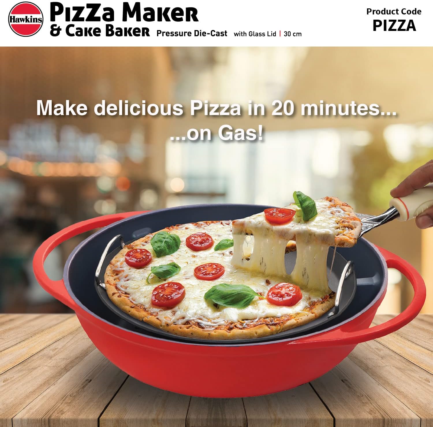 HAWKINS Diecast 30 cm Nonstick Pizza Maker and Cake Baker with Glass Lid, Gas Oven, Pizza Oven Toaster Griller Tandoor Barbecue, Cake Baking Pan, Red (Pizza)
