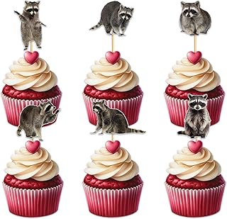 Glitter 18pcs Raccoon Cupcake Topper for Animal Theme Party Favors Decorations Men Women Happy Birthday Party Decor Supplies