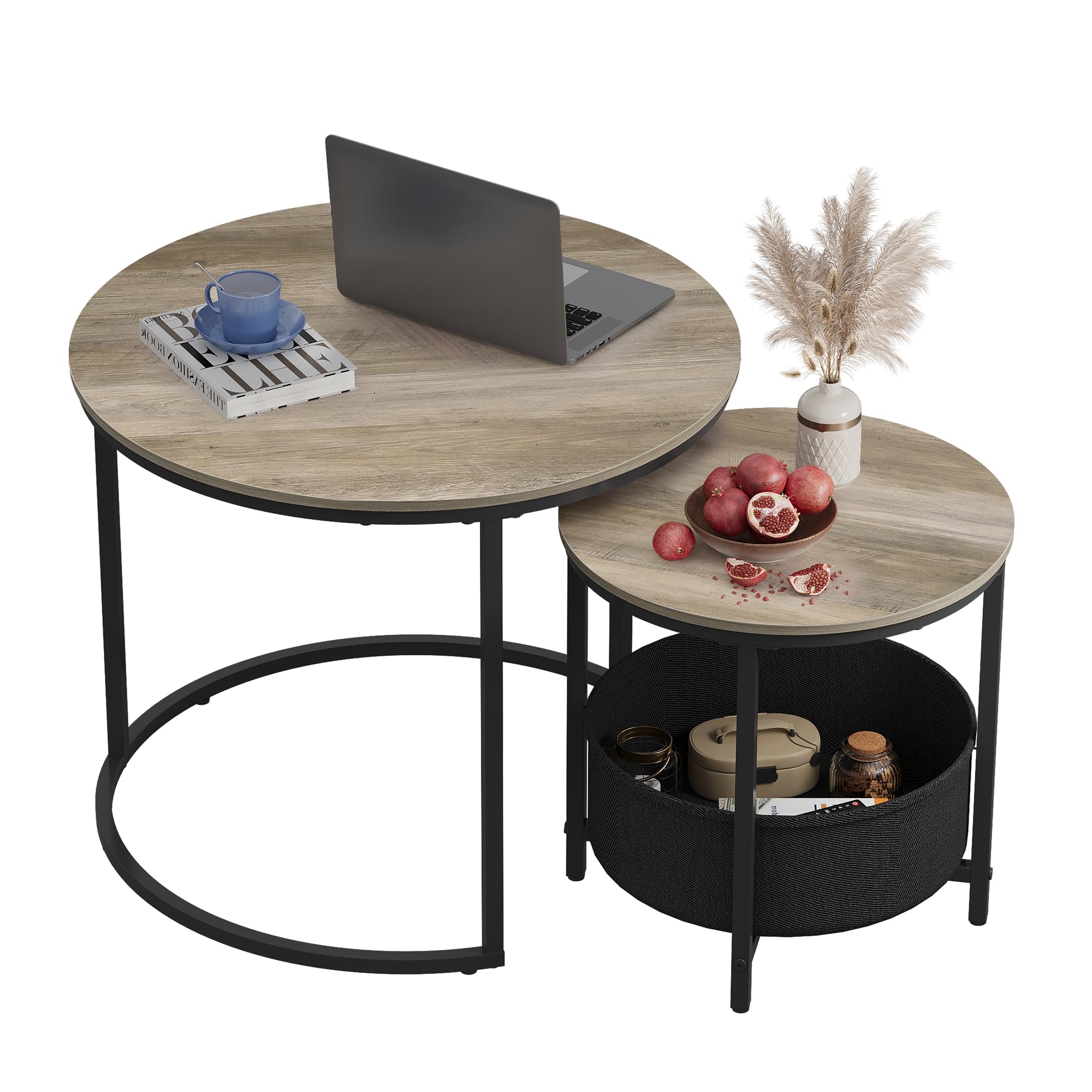 WLIVE Couchtisch 2er Set, Beistelltisch Rund mit Stauraum, Wohnzimmertisch Holz mit Metallrahmen, Sofatisch für Wohnzimmer Schlafzimmer