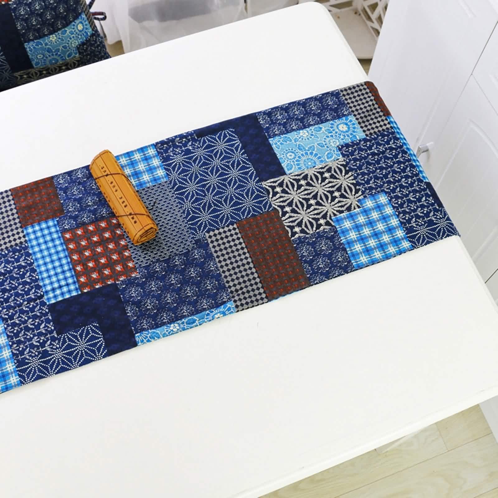 Decoración de mesa de centro de otoño, camino de mesa de granja de 80 pulgadas de largo, azul oscuro, 12.8 pulgadas, empalme retro a cuadros con borla de algodón y lino
