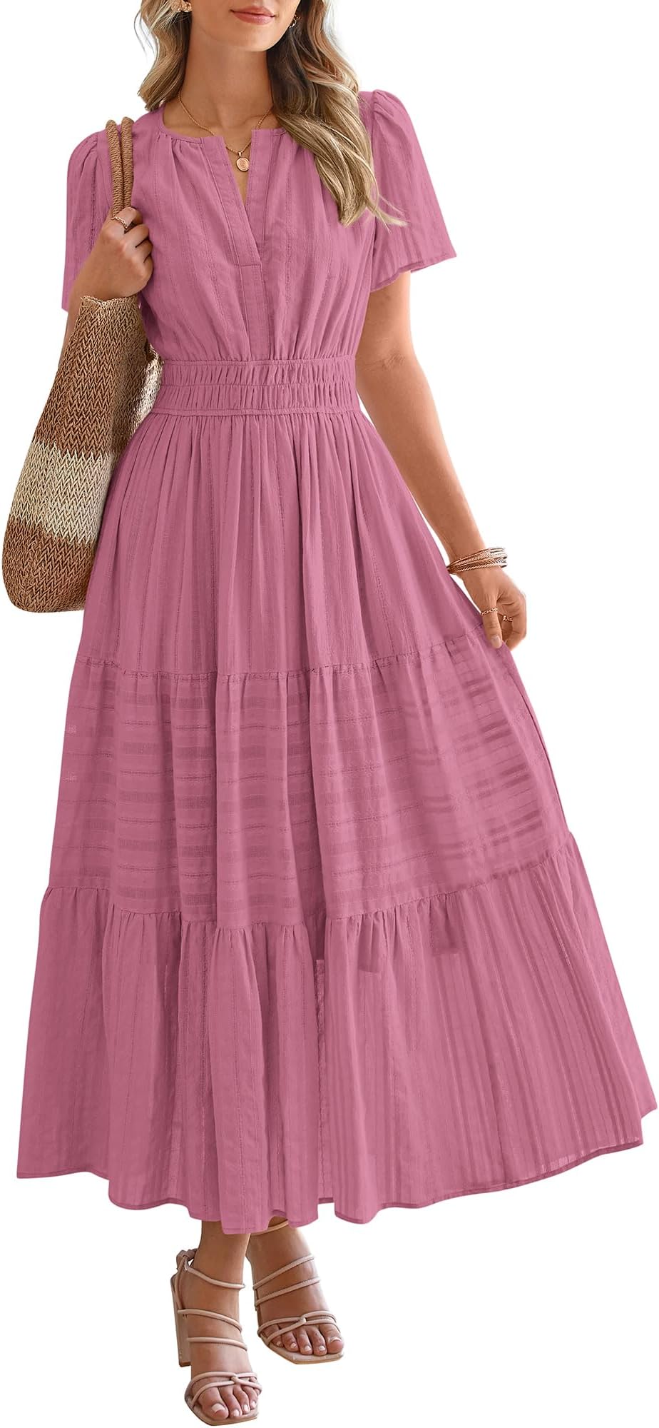 BTFBM Womens Summer 2026 Casual Midi Maxi Dresses Lightweight Short Sleeve V Neck Elastic Waist Boho Beach Dress Pockets