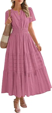  Womens Summer 2026 Casual Midi Maxi Dresses Lightweight Short Sleeve V Neck Elastic Waist Boho Beach Dress Pockets