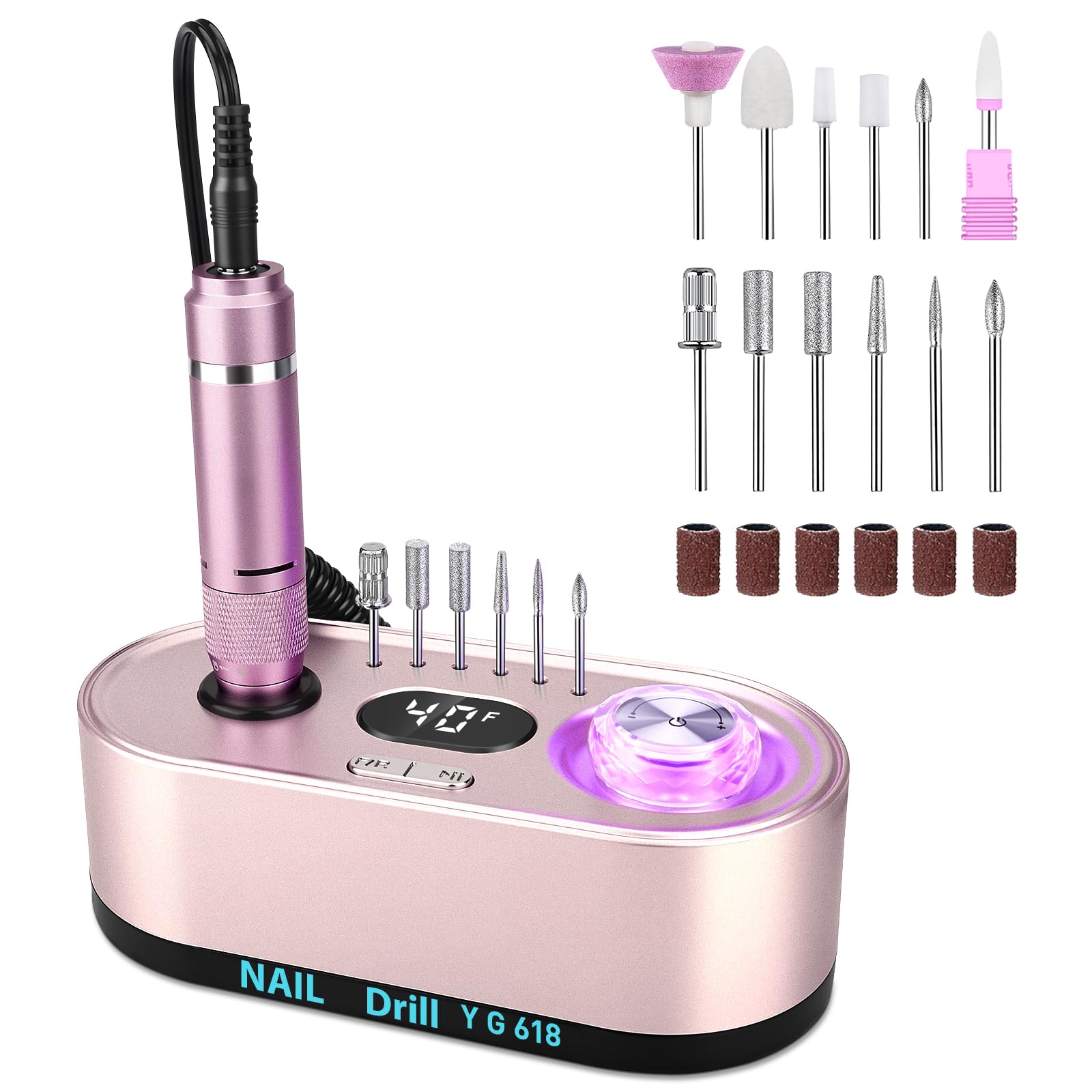 Ponceuse pour Ongles Professionnelle 40000 RPM 36 W, Urbuti 12 en 1 Ponceuse Ongles Portable avec Écran LCD & Support, Lime à Ongle Electrique Silencieux, Kit Manucure Pédicure pour Salon/Maison-Rose