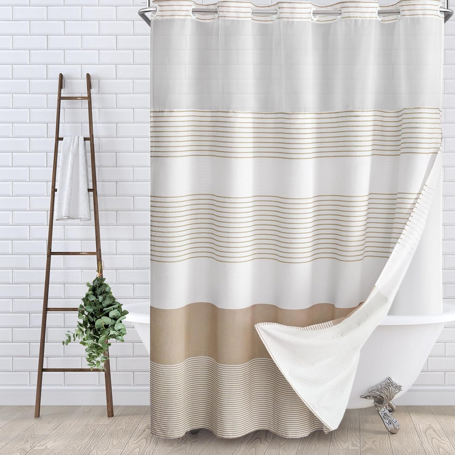 No Hook Shower Curtain and Liner Set,Gray Boho Striped Shower Curtain for Bathroom Cotton 75" L x 72" W