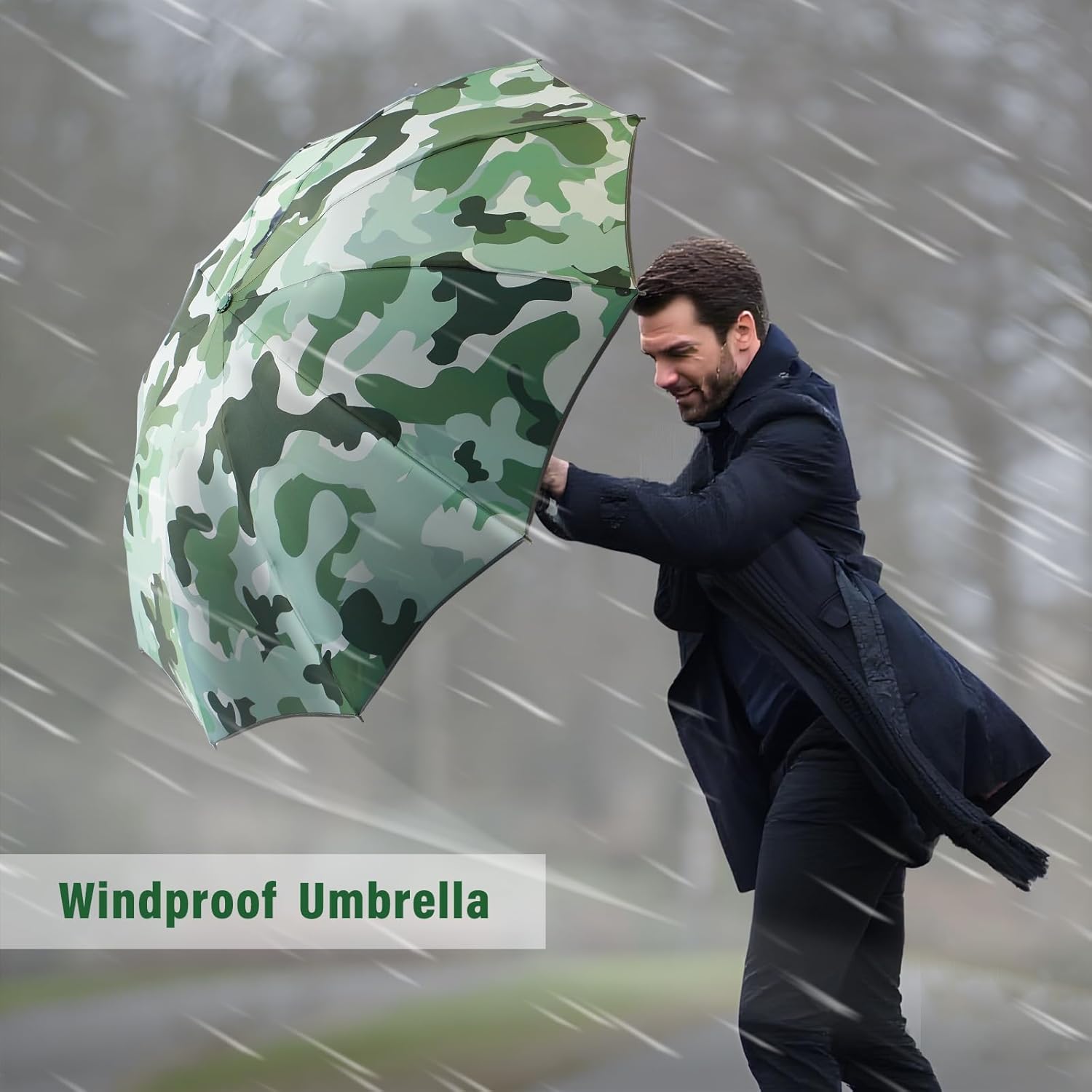 Large Windproof Travel Umbrella, Portable Reverse Folding Rain Umbrella for Car,Women and Men, Durable, Compact Inverted Design with Camouflage Canopy, Fits Backpack, 41.5/13 Inch, Automatic - Image 6