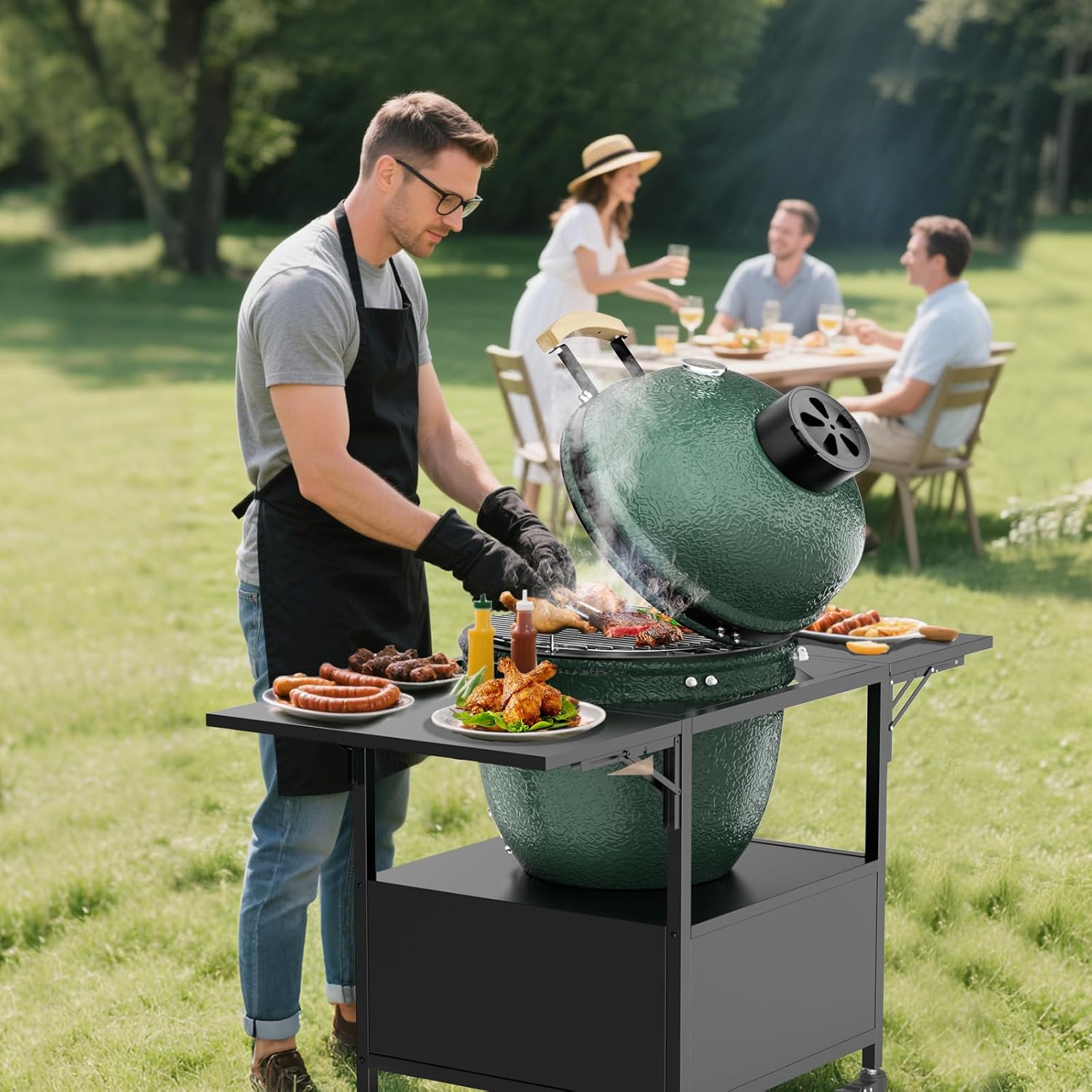 wenyuyu Outdoor Grill Table for Big Green Egg Style BBQ, Metal Grill Station Prep Cart with 2 Folding Panels & Storage, Compatible with up to Large Green Egg, Kamado Joe Jr
