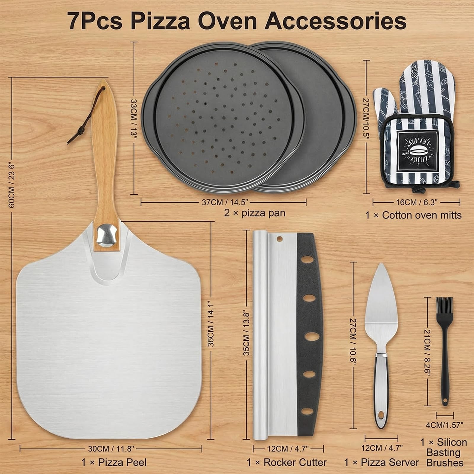 Faltbares Pizzaschaufel und Wippe, 7-teiliges All-in-One-Backzubehör, 30,5 x 35,6 cm, Aluminium-Pizzaschaufel mit Holzgriff, Backhandschuh, Ölpinsel, Küchenhobel, Pizza-Sets