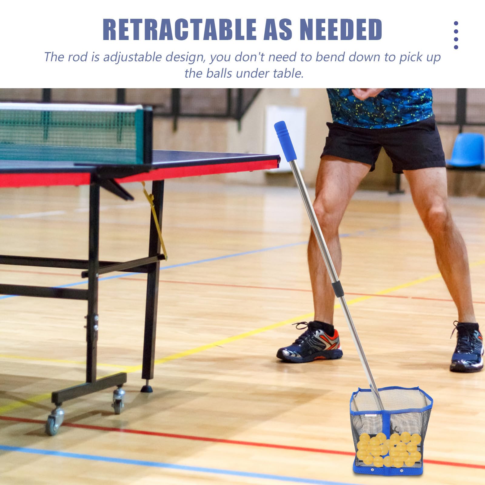 MERRYHAPY Recogedor de Balones de Tenis de Mesa Portátil Mango Telescópico, Cesta de Nylon Resistente, Color Azul, para Entrenamiento y Recogida en Sala de Juegos
