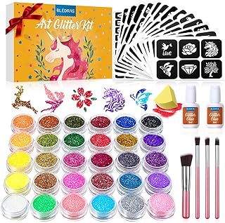 Kit de Tatuajes Purpurina Temporales, Bledras 30 Colores Brillo Tatuaje de Maquillaje Niña,147 Únicas Plantillas, 4 Pinceles, 2 Pegamentos,1 Esponja, Adecuado Carnaval, Original Regalo para Niños