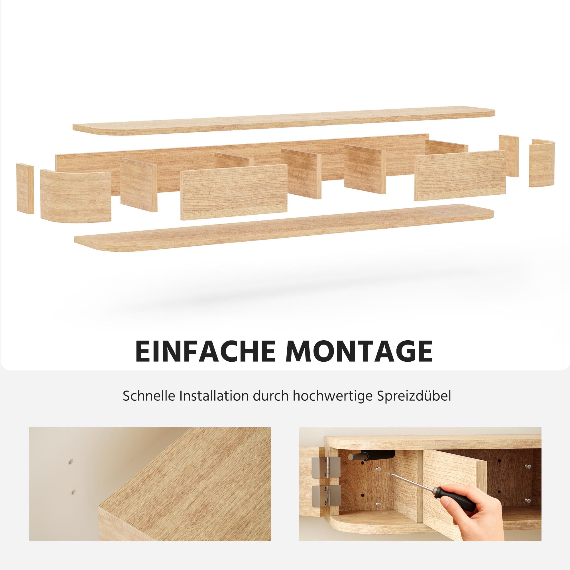 Schwebendes TV-Regal, 160 cm Wandmontiertes TV-Board mit Stauraum & Abgerundeten Ecken, Hängendes Medienboard mit Türen für Schlafzimmer und Wohnzimmer (Naturholzfarbe)