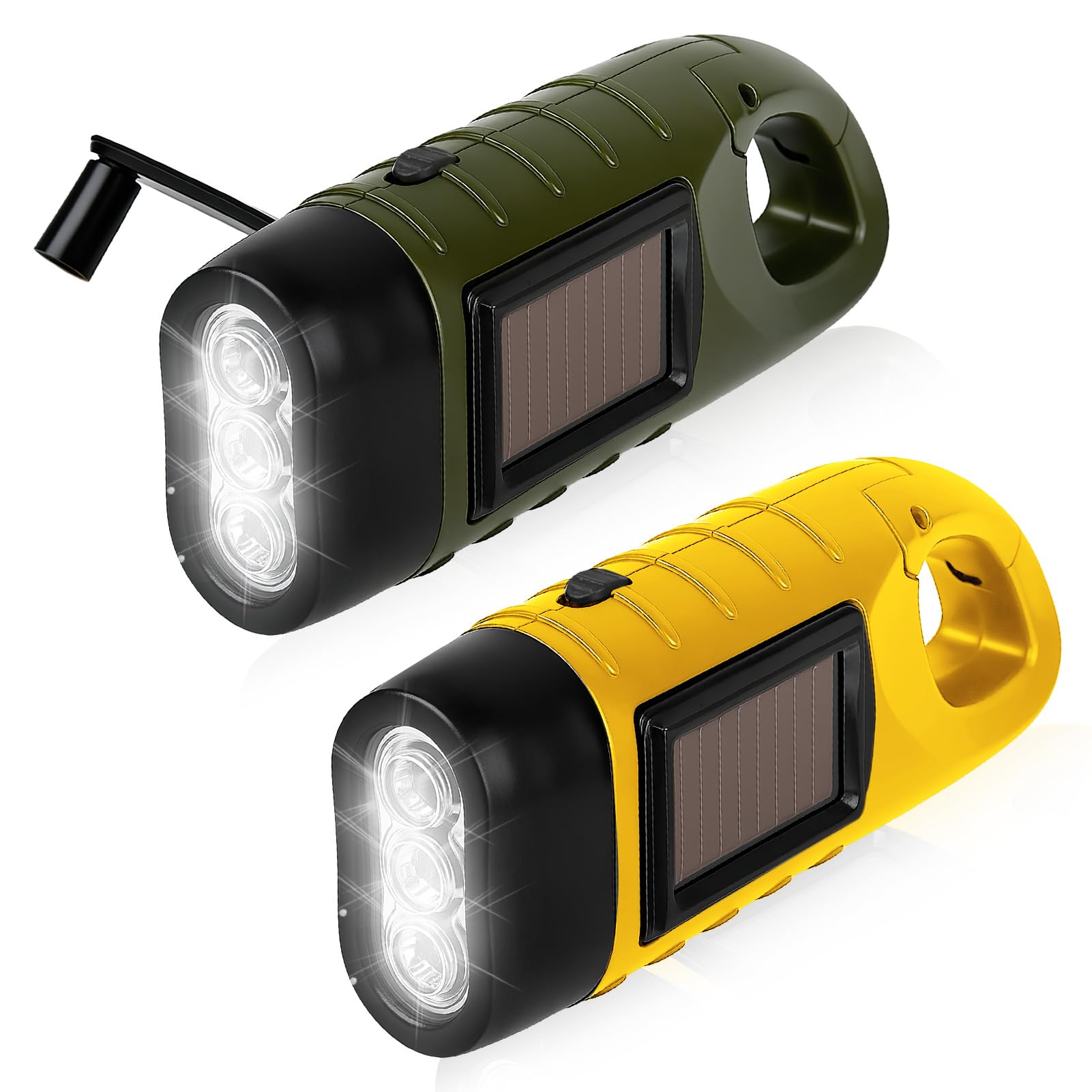 2 Pack Wind Up Torch Hand Crank LED Rechargeable Portable Solar Powered Torch Super Bright Emergency Light with Carabiner Hook for Camping Climbing Hiking Outdoor Survival Gear Army Green+Yellow