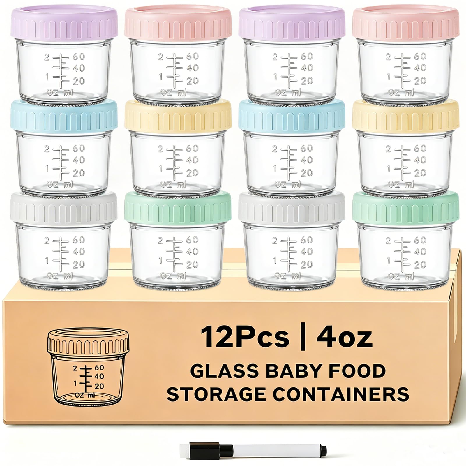 12 Pack Glass Baby Food Containers 4 oz Glass Baby Food Jars with Lids | Baby Food Maker Small Baby Food Storage Containers Microwave Dishwasher Freezer Safe 100% Leak Proof BPA Free Reusable