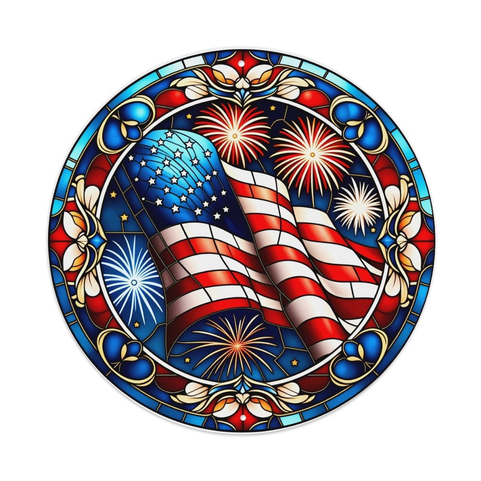 American Flag Fireworks Stained Glass Design Round Tin Sign Vintage Metal Poster Retro Bar, Home, Man Cave, Kitchen, Laundry Room Wall Art Decor Gift 8x8Inch