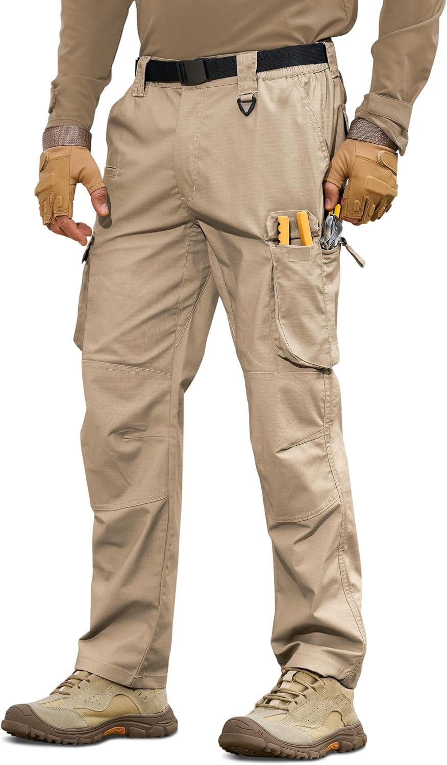 MOURCE Mens Cargo Pants 10 Pockets - Outdoor Breathable Water Resistant Work Pants Elastic Waist, Khaki 32L