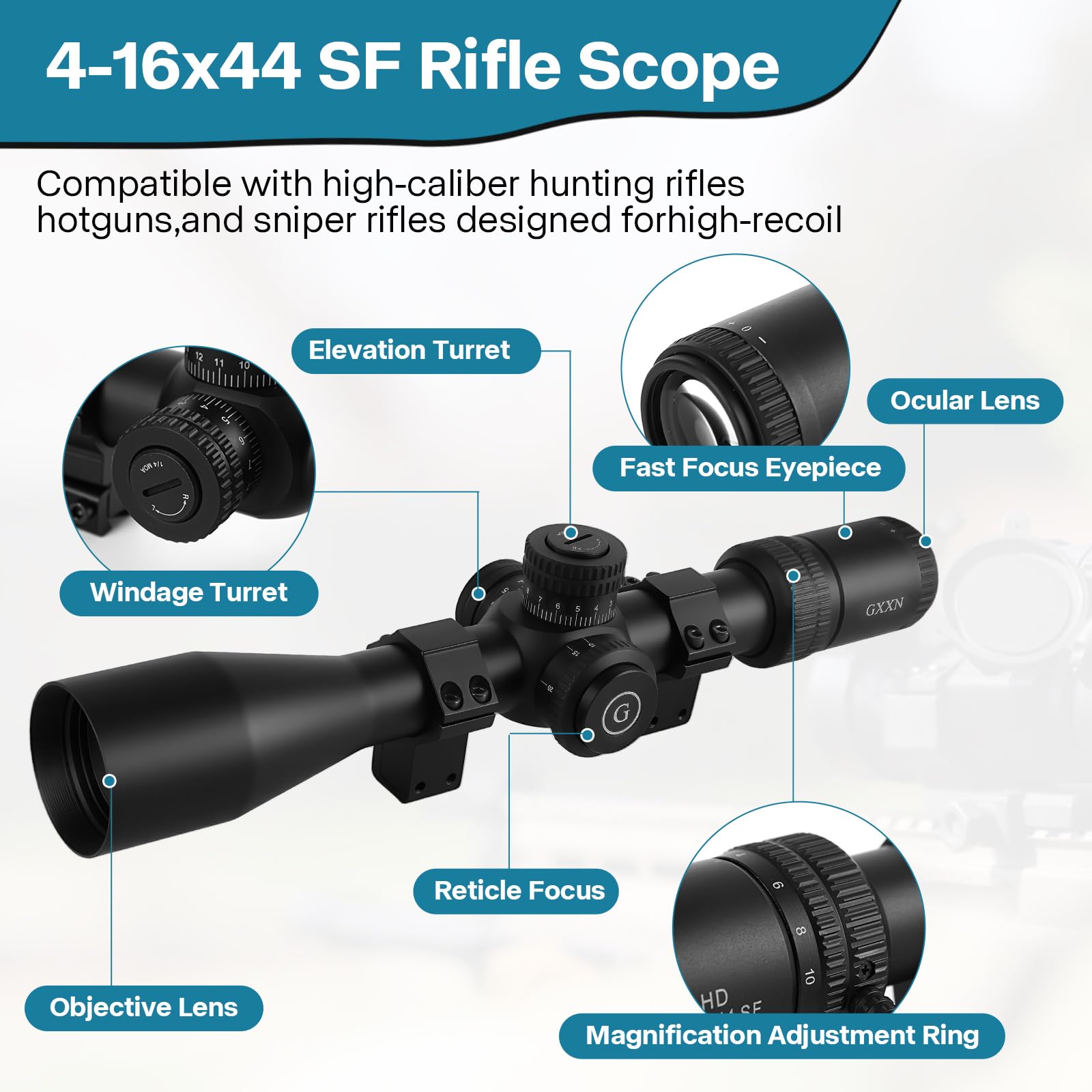4-16x44 SF Rifle Scope,1/4MOA Shockproof Waterproof Fogproof Hunting Rifle Scope with Locking Turret Sunshade,Compatible with high-Caliber Hunting rifleshotguns,Sniper Rifles Designed forhigh-Recoil