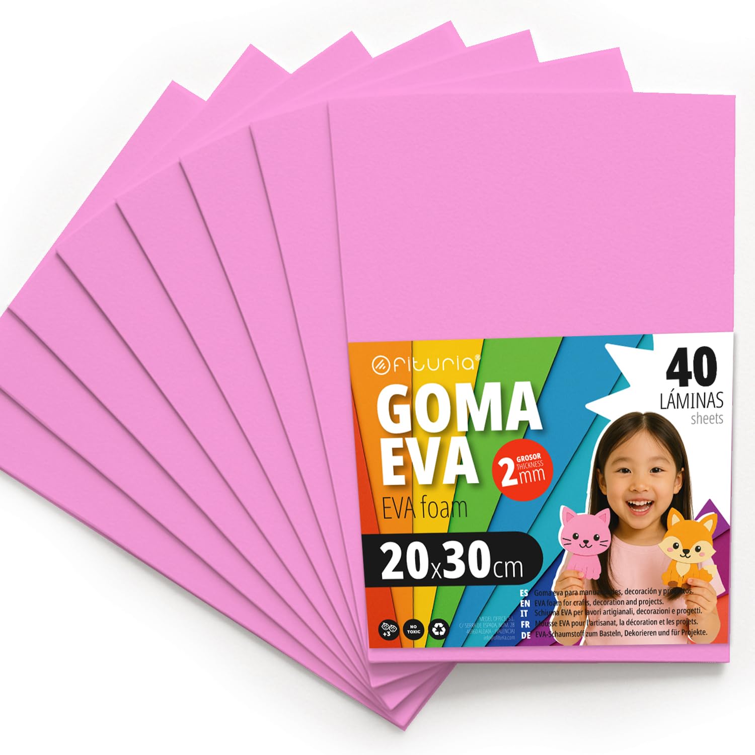 OFITURIA Moosgummi für Bastelarbeiten und Schulprojekte, Farbiges Schaumstoff ideal für DIY, Dekoration, Scrapbooking und kreative Projekte 20x30cm (Rosa, 40 Stk)