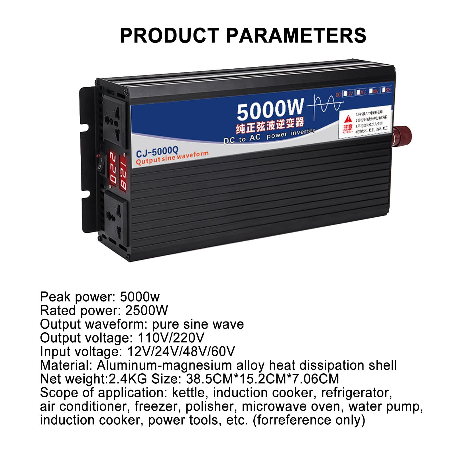 Inverter A Onda Sinusoidale Pura 12V/24V/48V/60V, Inverter di Potenza, Sovratensione 4Kw/5Kw, 2 Prese Ca, Alta Efficienza Fino al 90%, con Protezione da Cortocircuito,5000W-24Vto220V