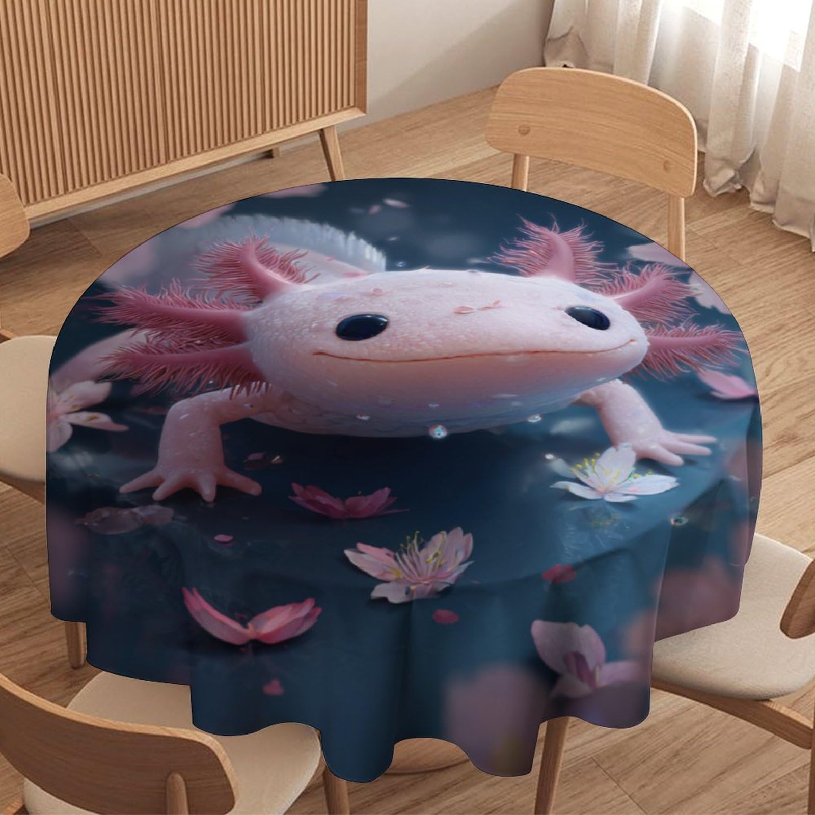 LUYYSKY Classic Retro Cute Axolotl Round Tablecloth Vintage Japanese Anime Cherry Blossom Floral Animal Axolotl Washable Decor for Table Cover for Kitchen-127 Wx127 L cm