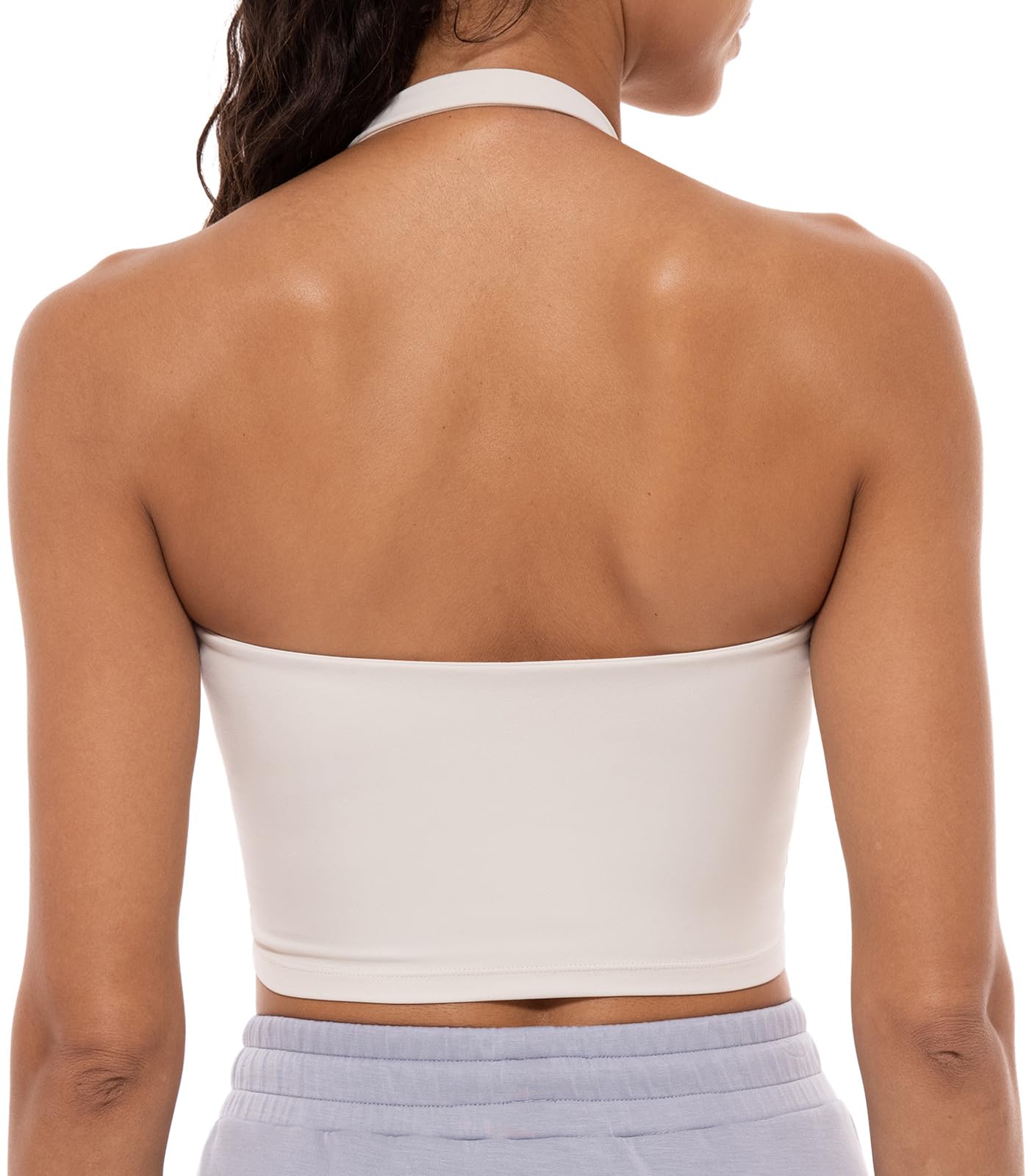Lavento Women's V-Neck Halter Sports Bra Longline Padded Yoga Crop Bras Top (Off White, 10)