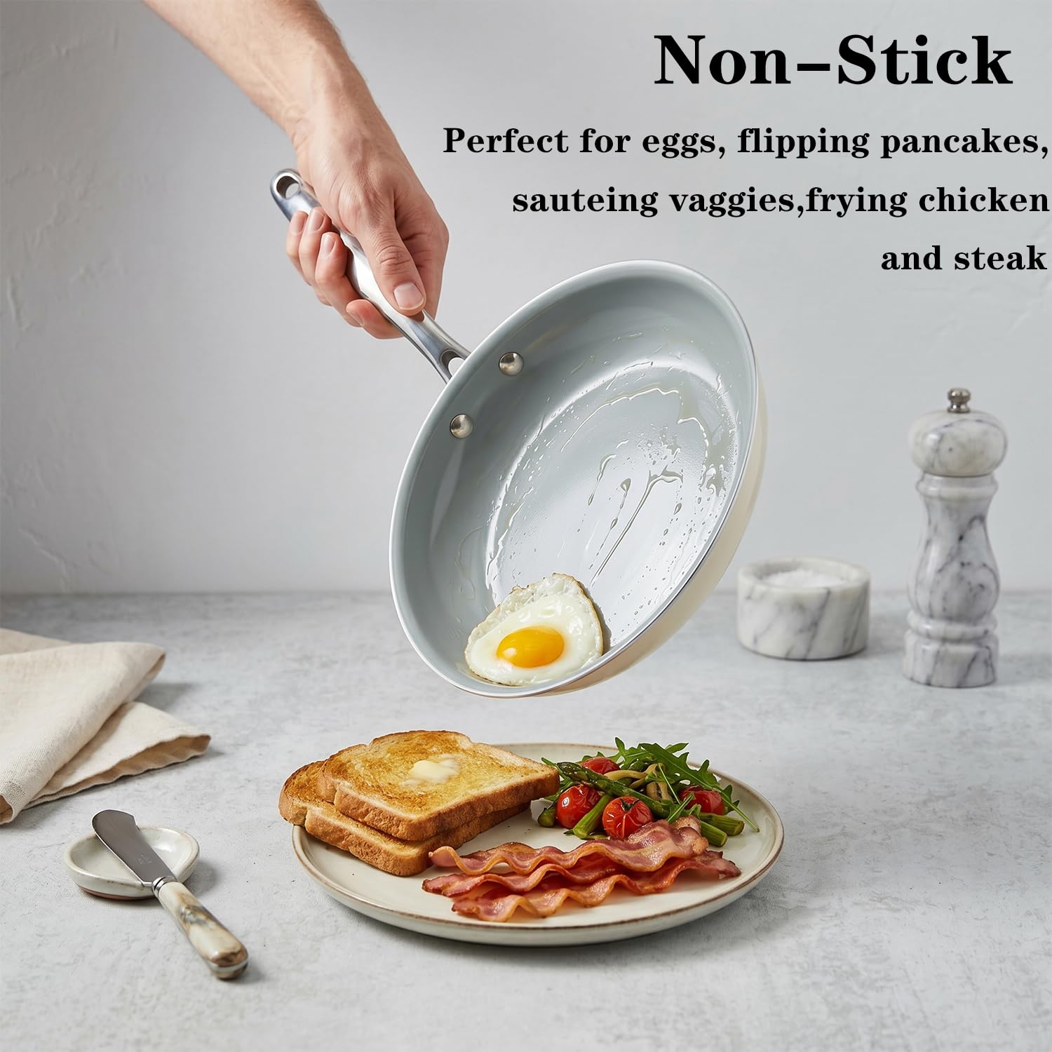 Patelnie ceramiczne nieprzywierające Cookersway: 3 sztuki patelni nieprzywierających 20,3 cm + 24,1 cm + 27,9 cm - Zdrowe patelnie do jajek - Bez PTFE, PFOA, PFAS