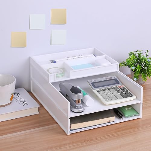Miniatura 8 de Eufrozy Bandeja organizadora de papel apilable de 3 niveles, bandeja de papel de escritorio blanca para organización de escritorio de oficina,