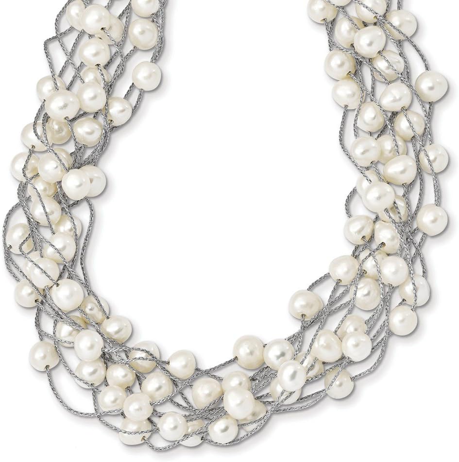 925 Sterling Silver 6-8mm White Freshwater Cultured Pearl Multi-strand Necklace - with Secure Lobster Lock Clasp 17.5"