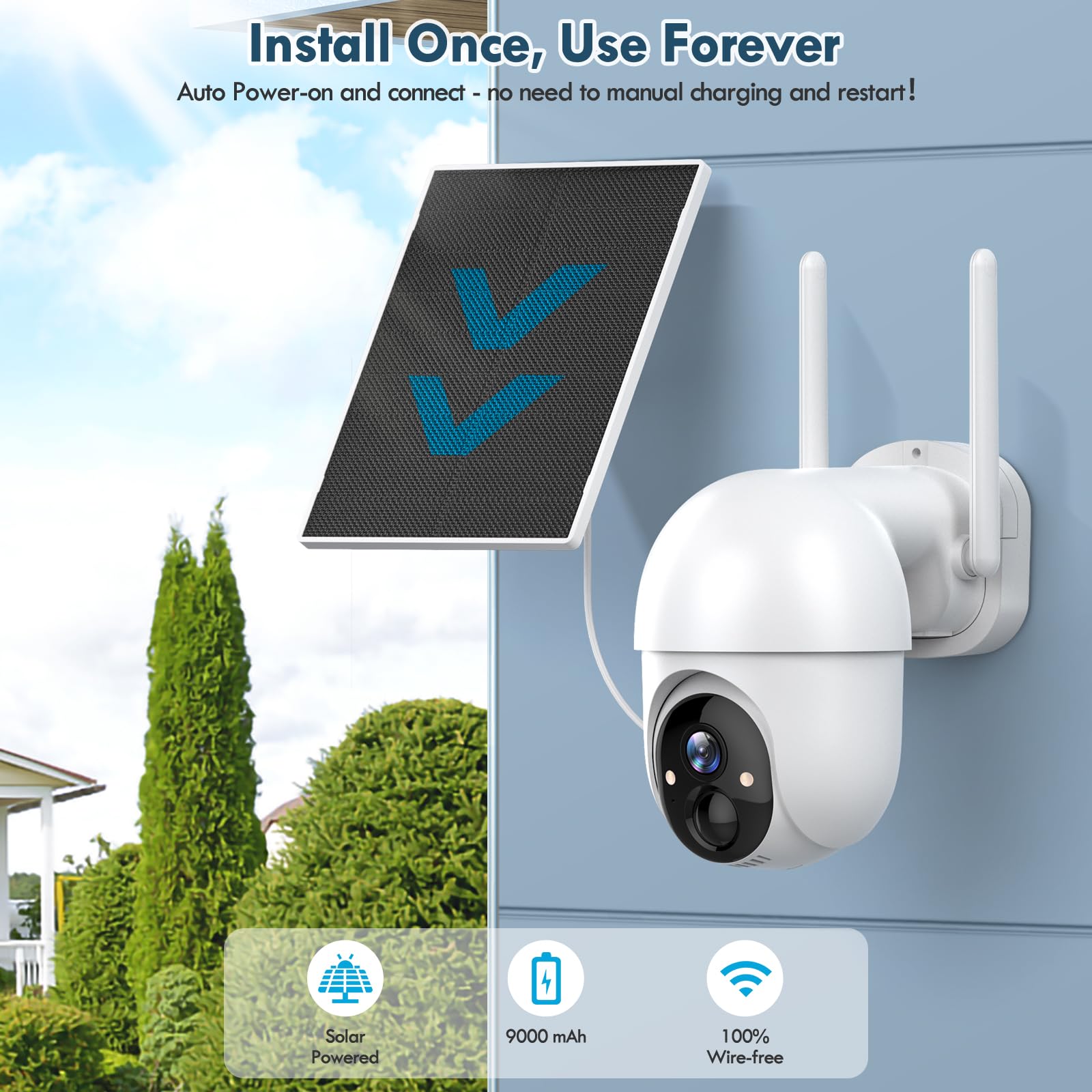 Caméras de sécurité sans fil pour la maison et l'extérieur, caméras de sécurité solaires sans fil PTZ 355°, caméra WiFi 3MP 2K FHD avec projecteur, détection de mouvement, sirène, vision nocturne