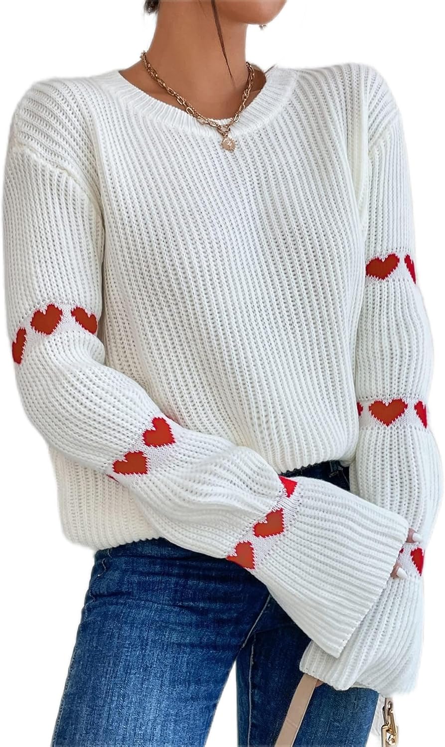 BEDAW Women's Sweater Heart Pattern Drop Shoulder Sweater Sweater for Women (Color : White, Size : Medium)