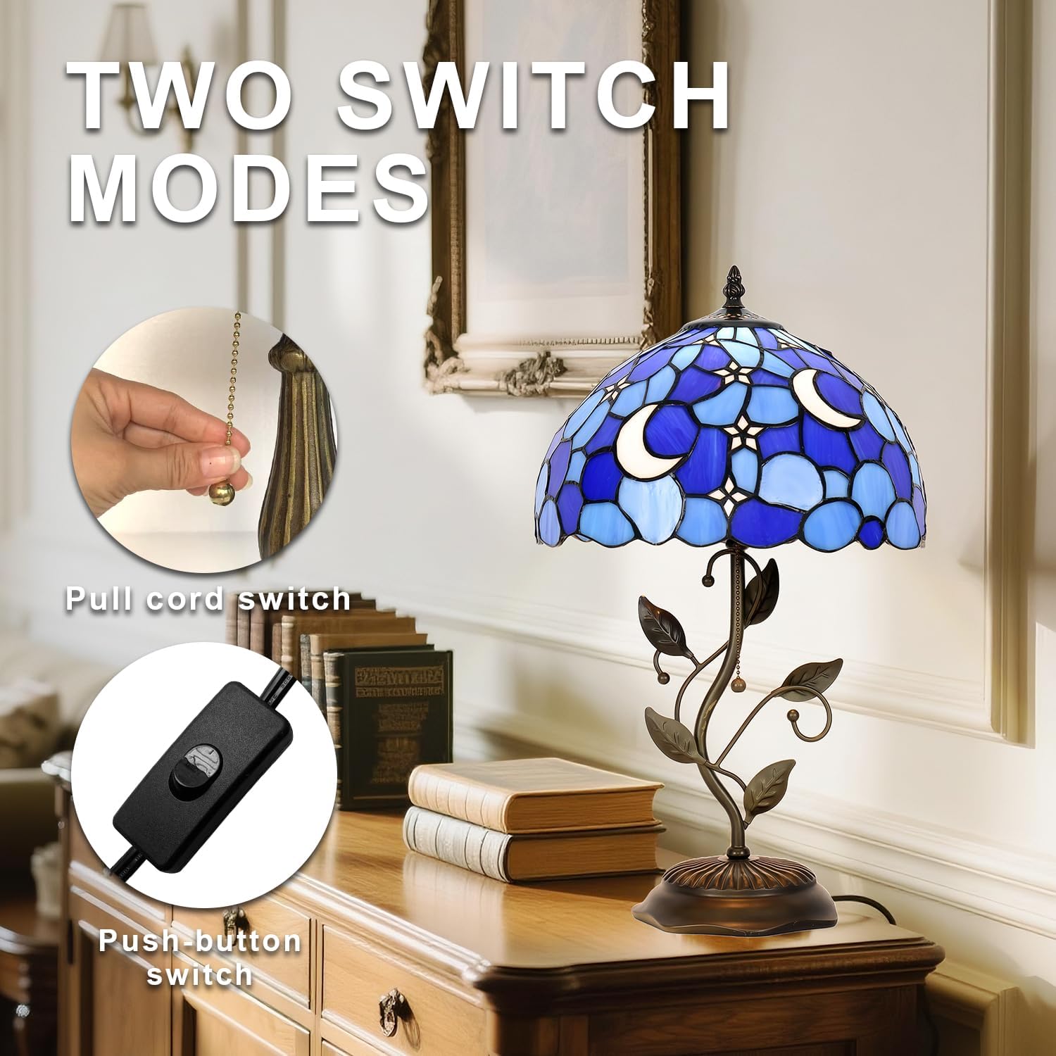 Tiffany Style Table Lamp,Stained Glass Moon Table Lamp,12X12X19 Inch Reading Light, Metal Leaf Base Antique Glass Desk Decor Lamp.