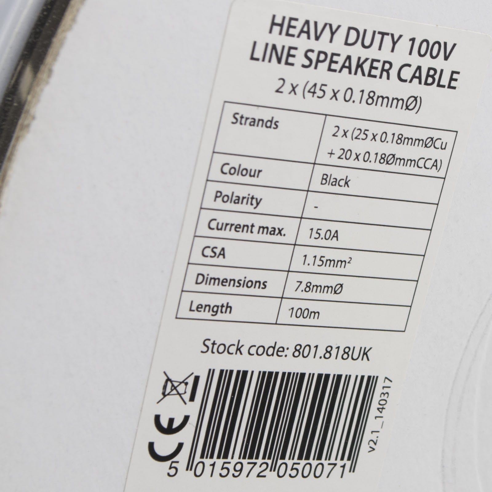 kenable Câble Haut-Parleur Ligne 100V 2 Cœurs 2x45x0.18mm 15A Double Isolation Noir 100 m [100 mètres/100m]