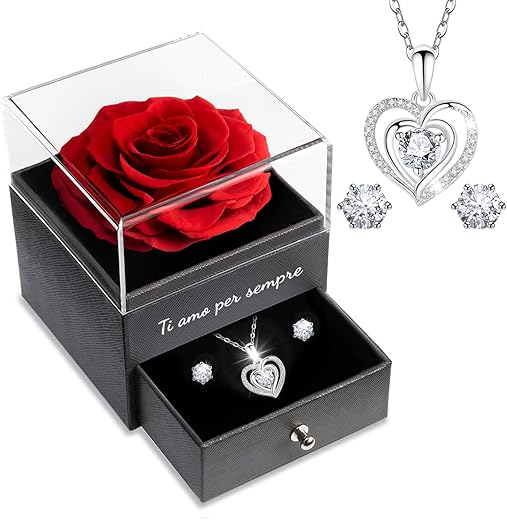 Sunia Stabilized Eternal Rose, Real Eternal Rose with 925 Silver Necklace for Women with Heart and Earrings, I Love You Forever Gift, Women's Gift Ideas, Wedding Anniversary Gift, Birthday Gift for