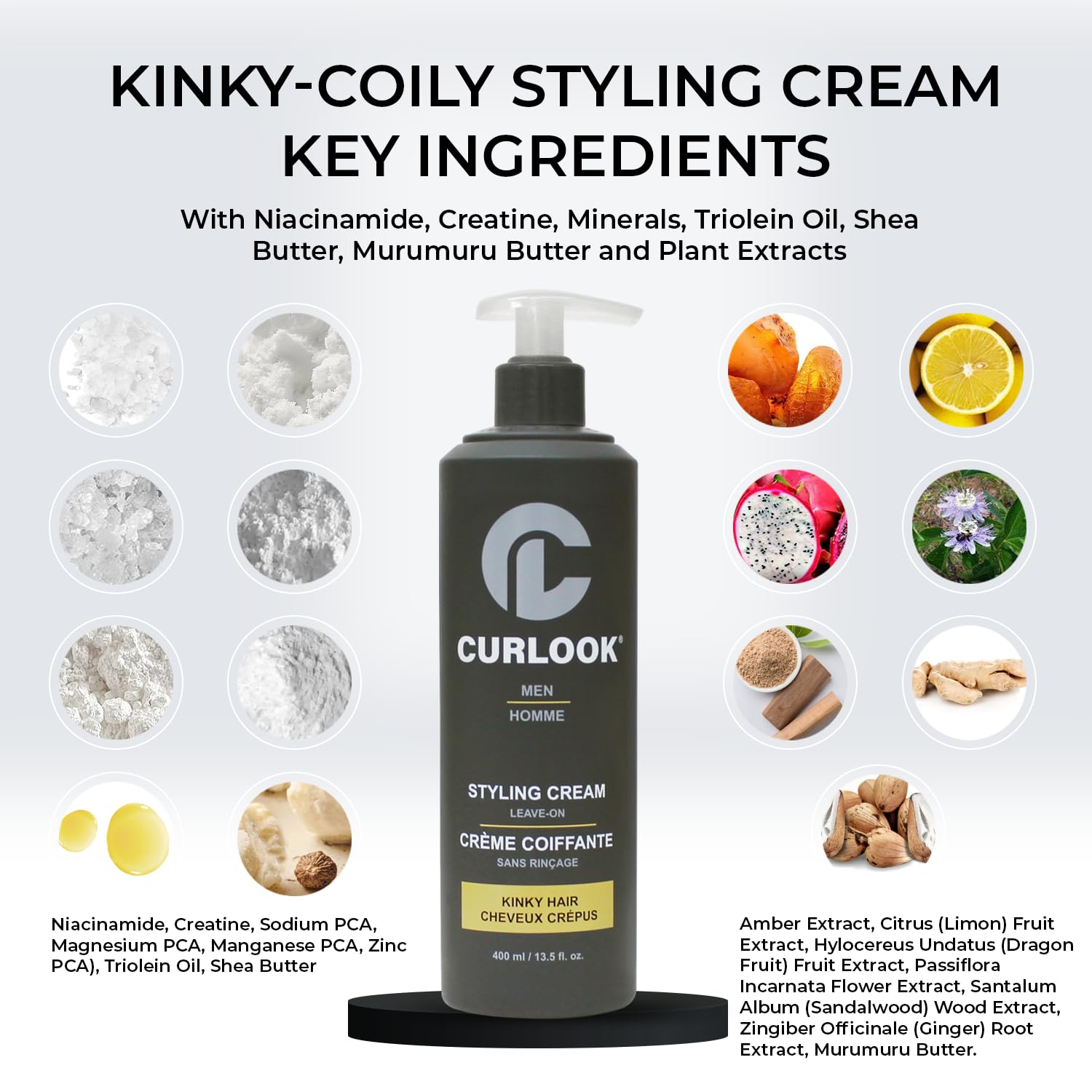 Kinky-Coily Hair Leave-in Styling Cream for Men | Silicone-free | Transforms and revives Kinky hair into soft, luscious and bouncy spirals | 400ml | Made in Canada