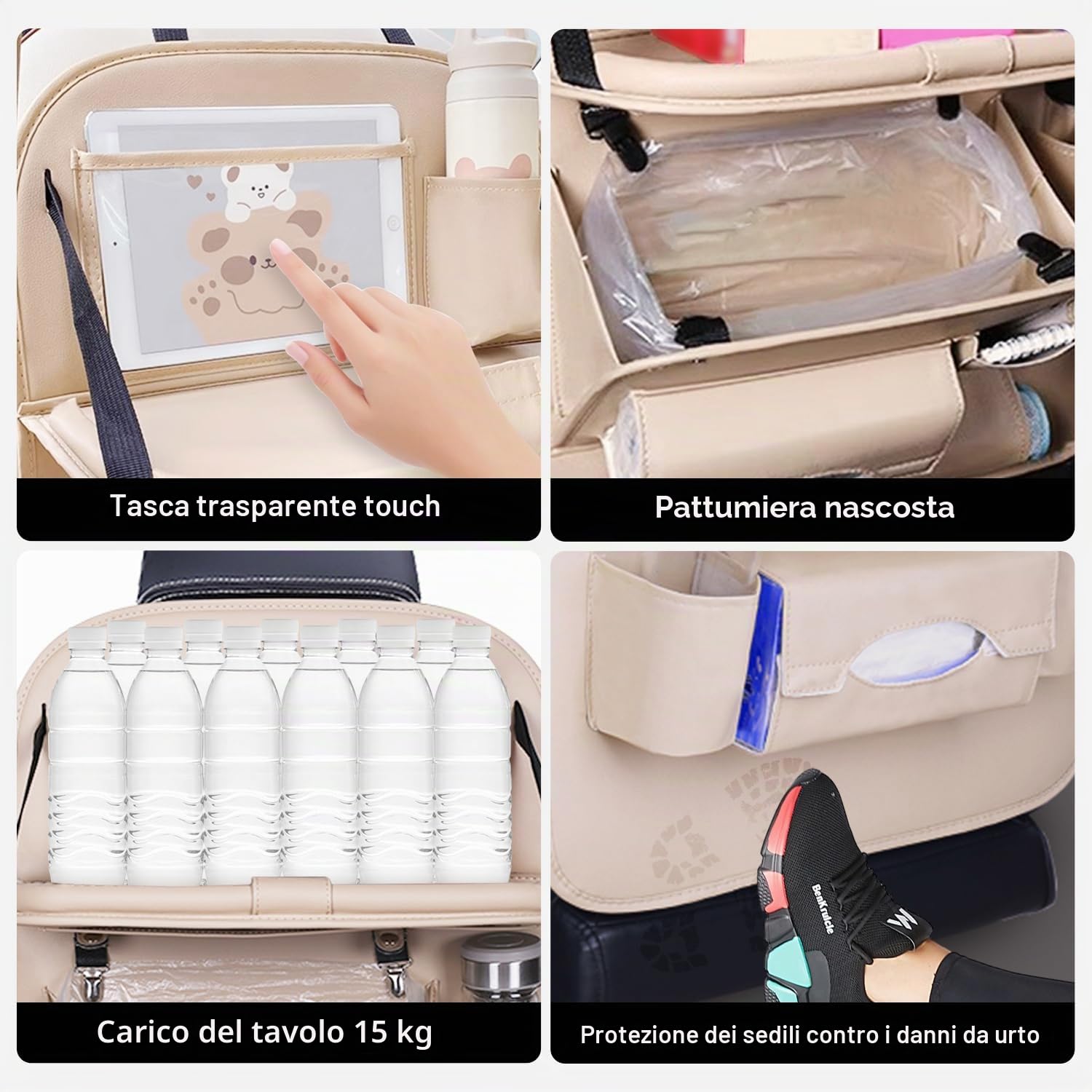 2 pz Organizer per Sedili Auto, Protezione Sedile Posteriore Auto, PU Impermeabile Anti-Calcio Multifunzionale, con Tavolino Pieghevole Scomparto per Tablet, 8 Tasche, Beige