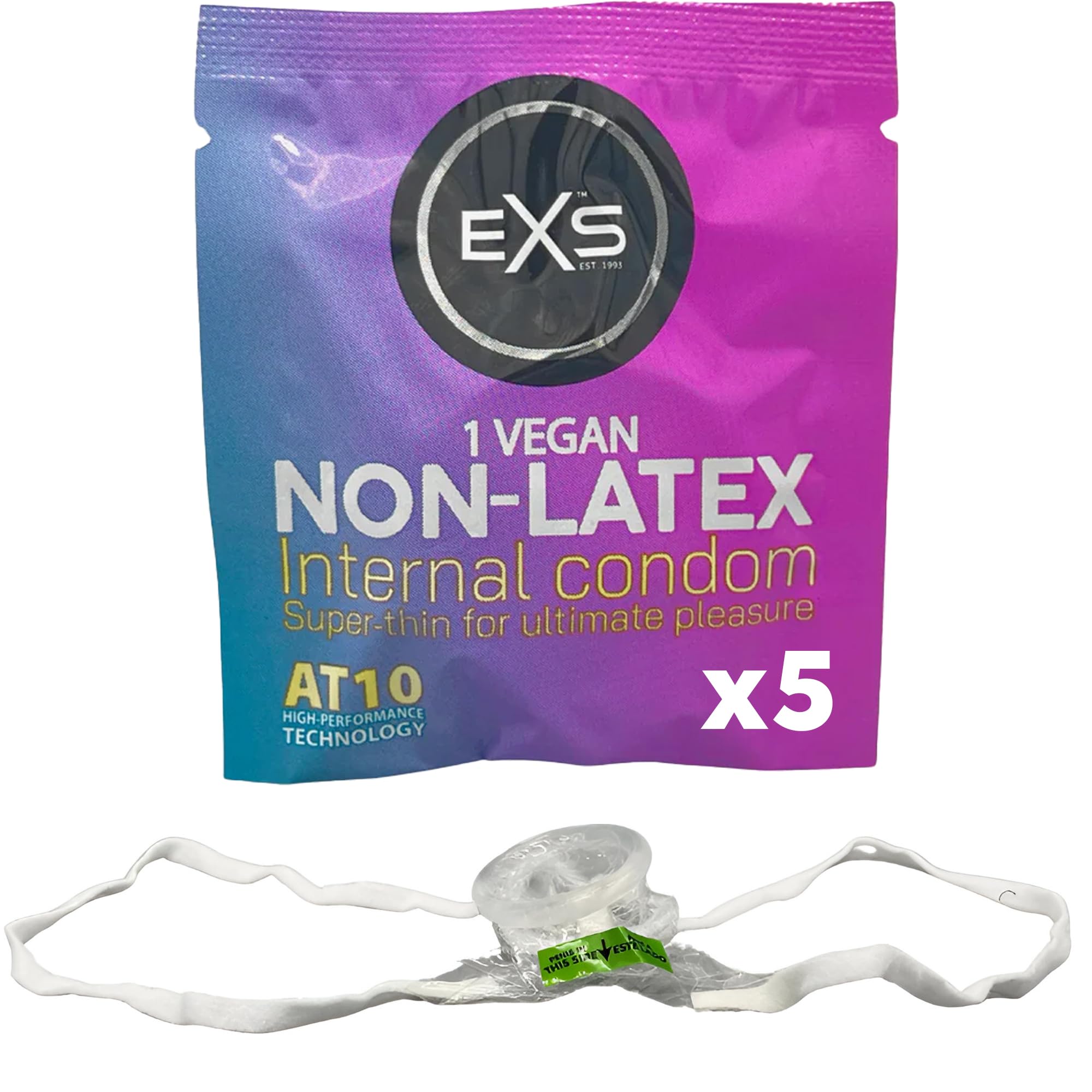 EXS Internal Female Condoms (5 Pack) Secure Fit with Soft Touch Loops, Thin Non-Latex with Non-Spermicidal Lube, PETA-Approved Vegan Condom, 3 Year Life - CE Marked NHS Approved Condoms