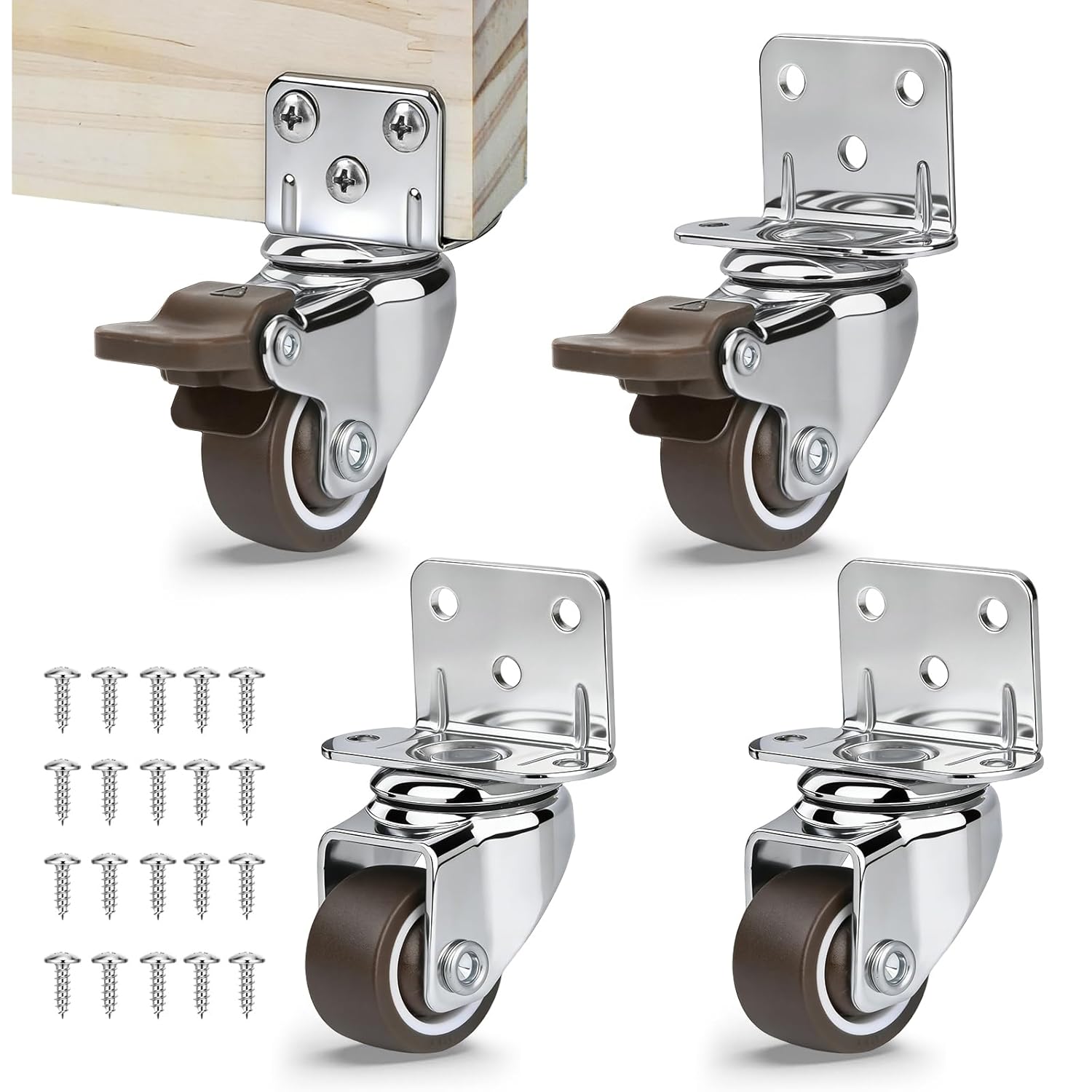 1 Inch L-Shaped Swivel Caster Wheels, Side Plate Mount Small Casters with Brakes, Load 99 Lbs, Set of 8, Non-Marks Rubber Heavy Duty Replacement Wheels for Furniture, Cribs, Tables