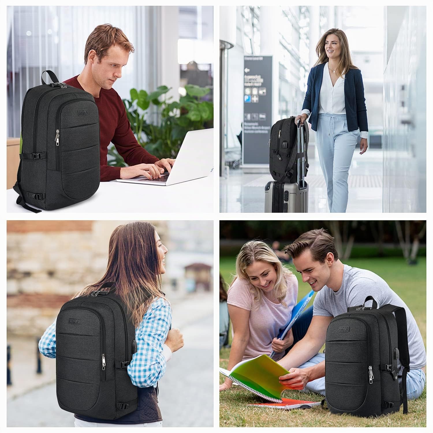 AMBOR Sac à Dos Ordinateur Portable 17.3 Pouces Imperméable avec USB Charging Port Noir