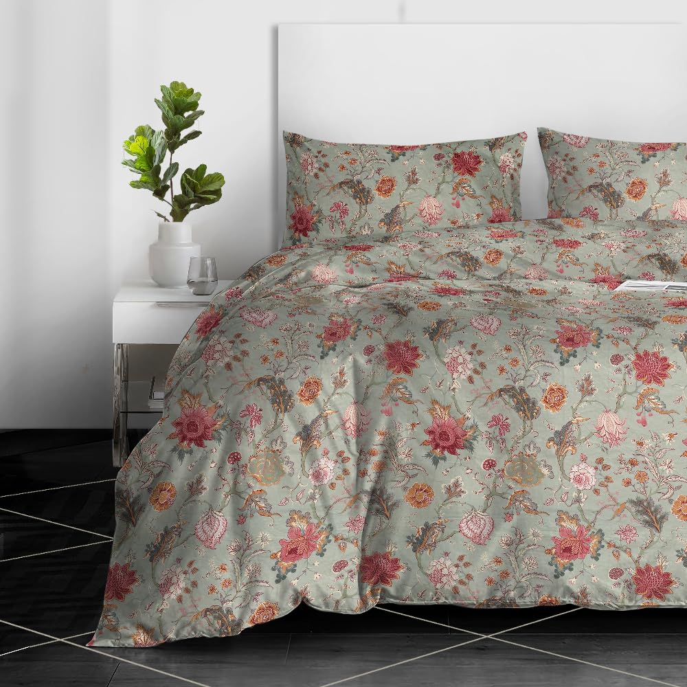 RAYBedding 3PCS Duvet Set 100% Egyptian Cotton Double Bed Set 400 Thread Count Floral Printed Autumn Bloom Duvet Cover with Pillow Cases 2 Pack — image 1