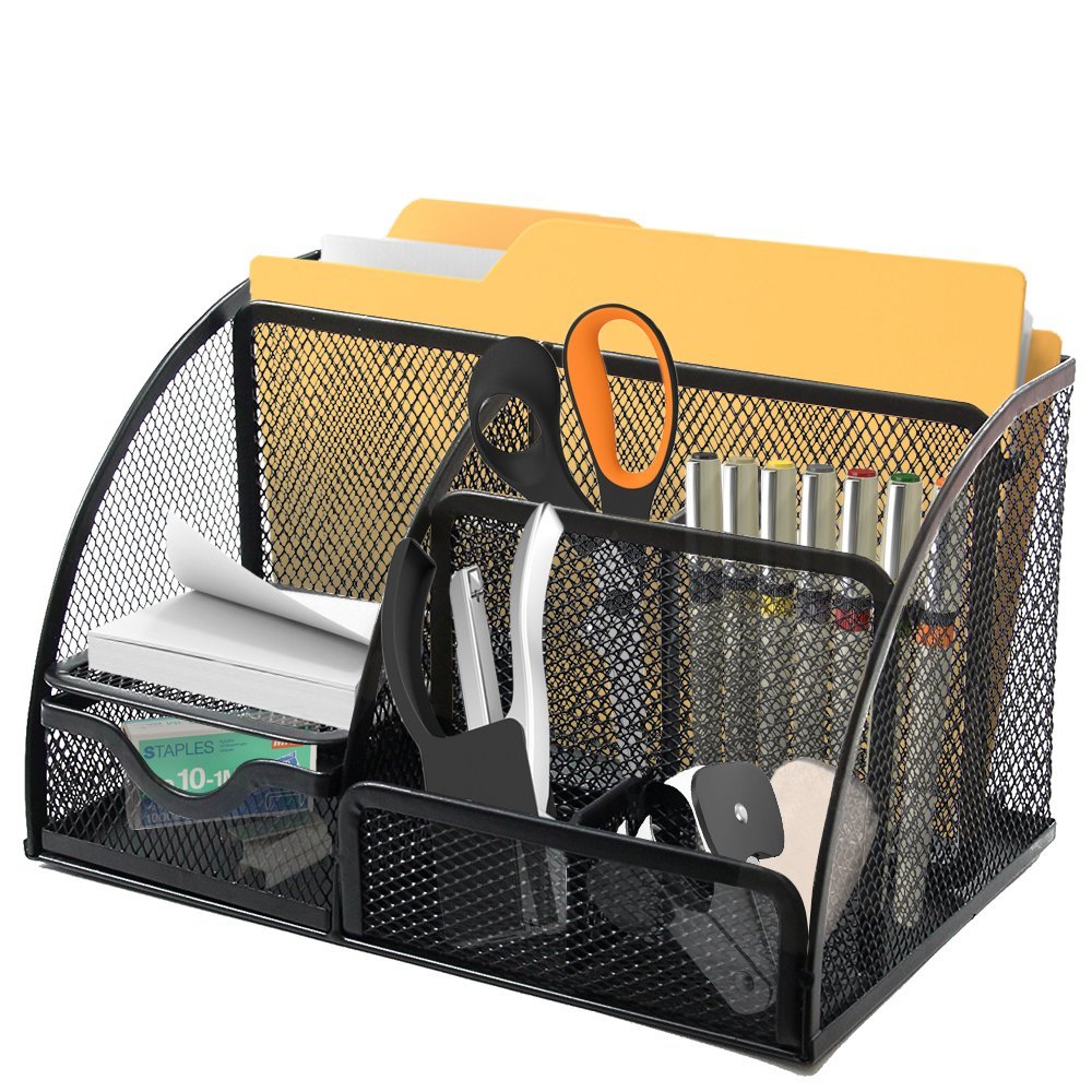 Mesh Desk Organizer 6 Slots With 2 Pen Holders and Pull Out Drawer, Mini Shelf To Keep Your Sticky Notes or Small Pad, Perfect Size Caddy For All Your Supplies. By Mega Stationers
